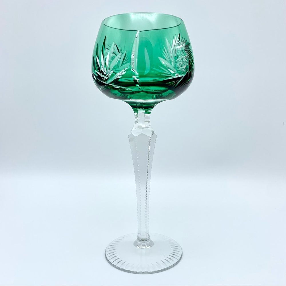 ‼️PENDING‼️Vintage Emerald Green Cut to Clear Crystal Wine Hock Glass Bohemian